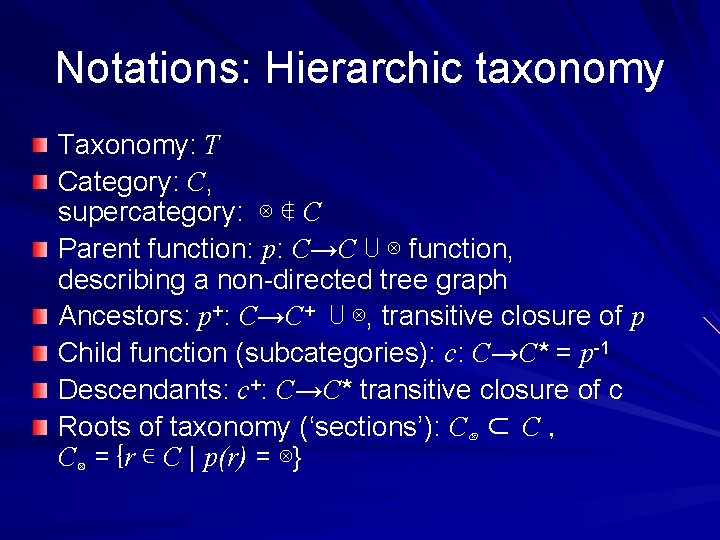 Notations: Hierarchic taxonomy Taxonomy: T Category: C, supercategory: ⊗ ∉ C Parent function: p: