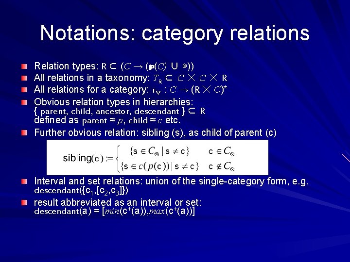 Notations: category relations Relation types: R ⊂ (C → (℘(C) ∪ ⊗)) All relations