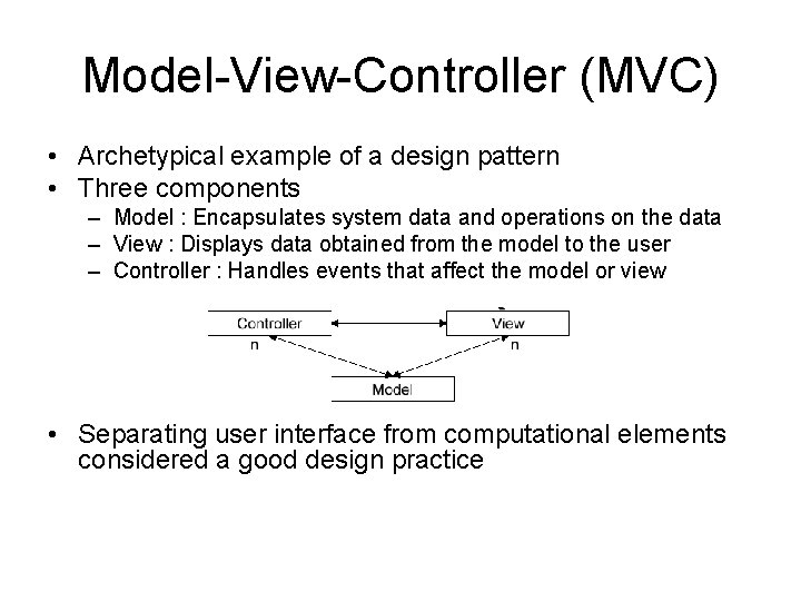 Model-View-Controller (MVC) • Archetypical example of a design pattern • Three components – Model