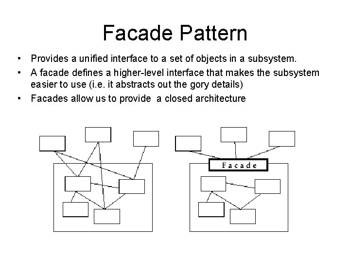 Facade Pattern • Provides a unified interface to a set of objects in a