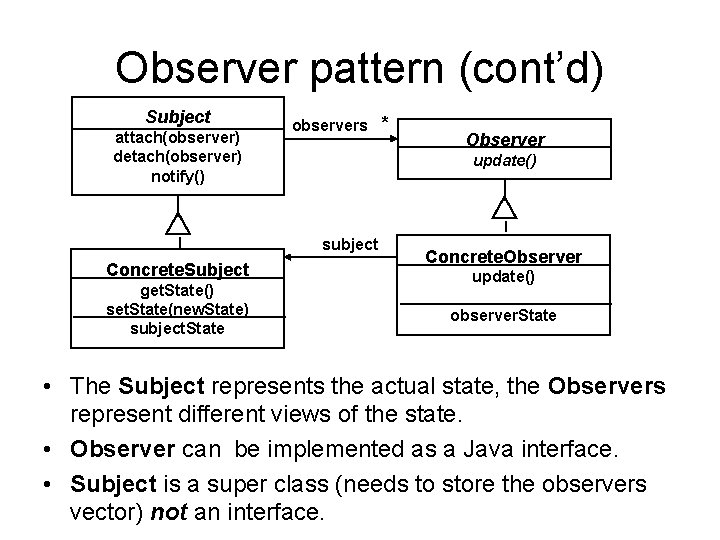 Observer pattern (cont’d) Subject attach(observer) detach(observer) notify() observers * update() subject Concrete. Subject get.
