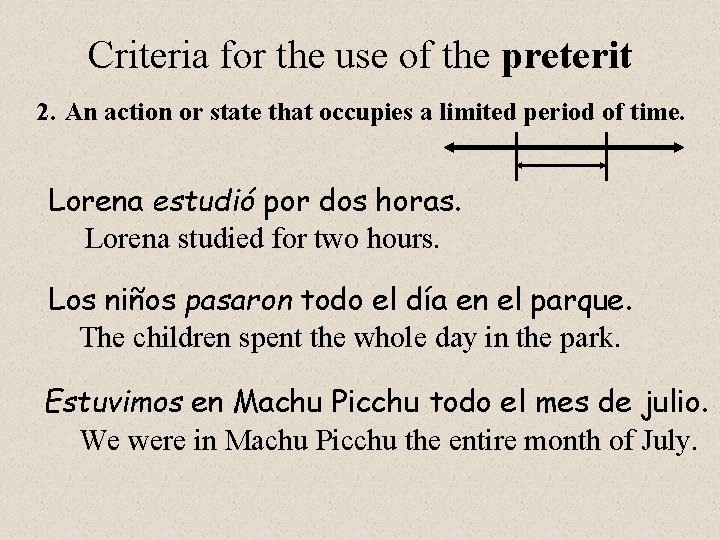 Criteria for the use of the preterit 2. An action or state that occupies