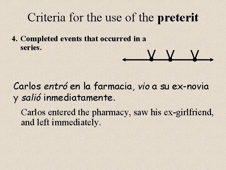 Criteria for the use of the preterit 4. Completed events that occurred in a