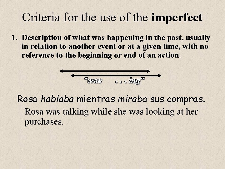 Criteria for the use of the imperfect 1. Description of what was happening in