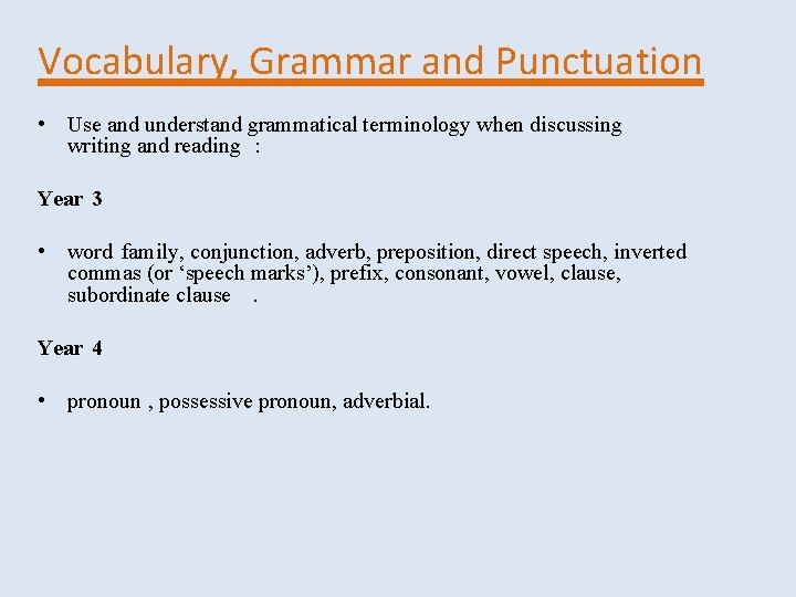 Vocabulary, Grammar and Punctuation • Use and understand grammatical terminology when discussing writing and