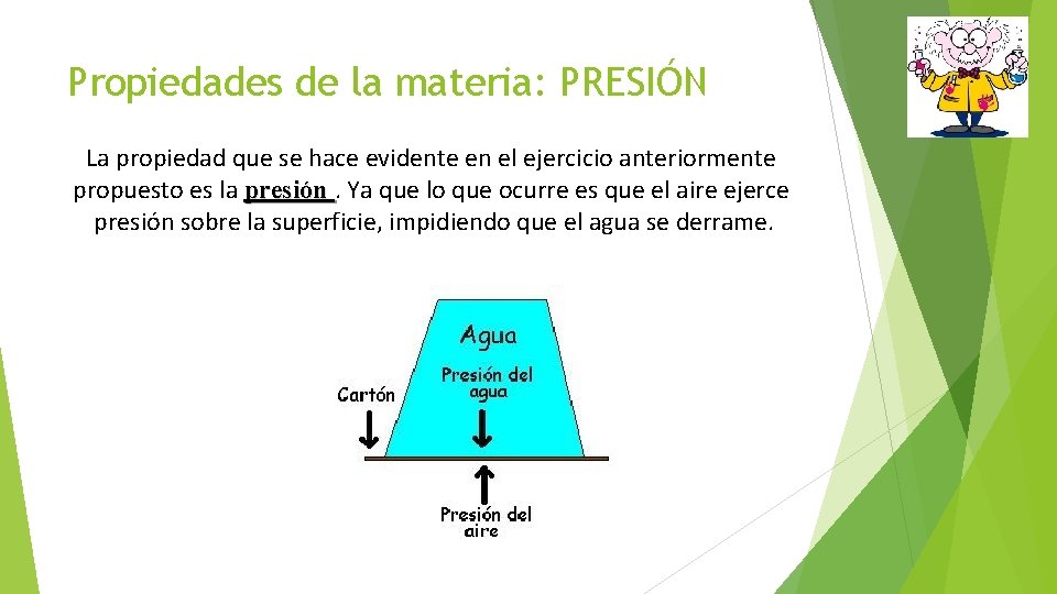 Propiedades de la materia: PRESIÓN La propiedad que se hace evidente en el ejercicio