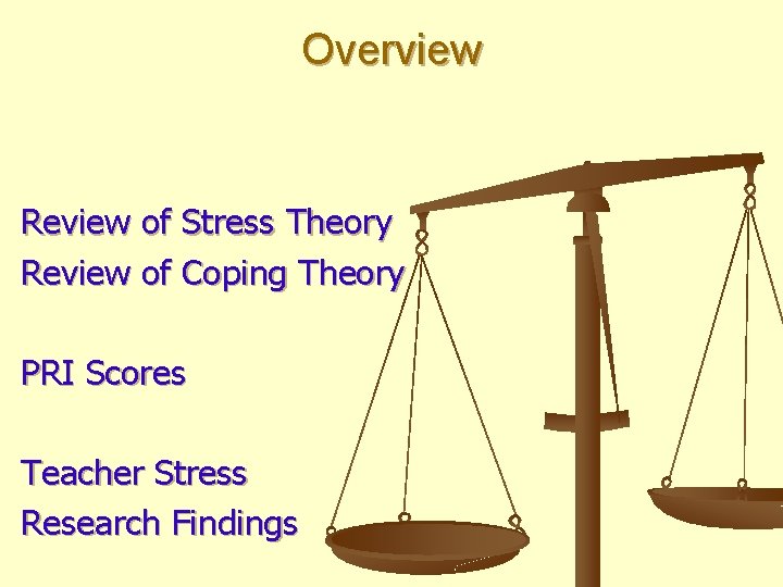 Overview Review of Stress Theory Review of Coping Theory PRI Scores Teacher Stress Research