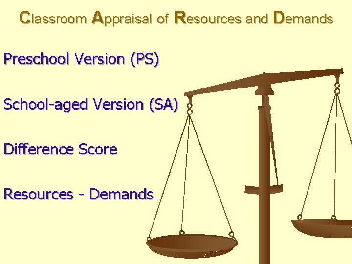 Classroom Appraisal of Resources and Demands Preschool Version (PS) School-aged Version (SA) Difference Score
