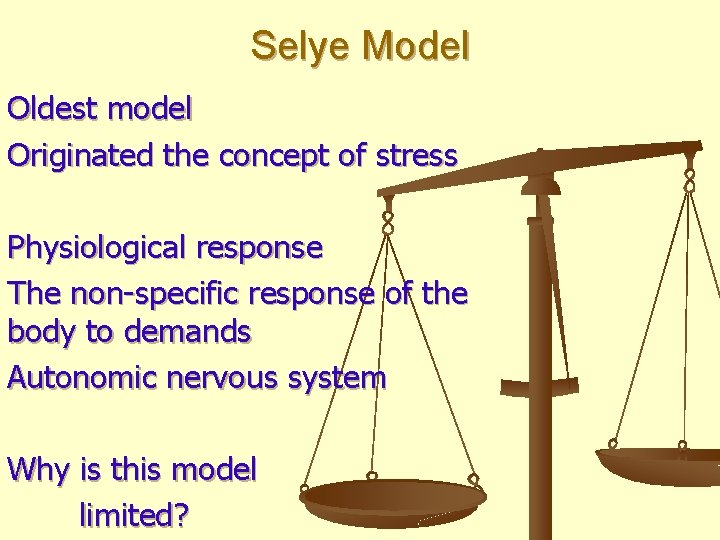 Selye Model Oldest model Originated the concept of stress Physiological response The non-specific response