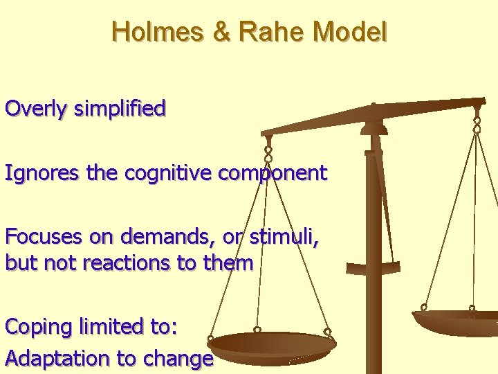 Holmes & Rahe Model Overly simplified Ignores the cognitive component Focuses on demands, or