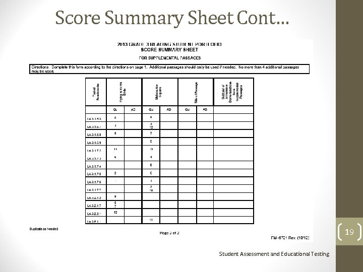 Score Summary Sheet Cont… 19 Student Assessment and Educational Testing 