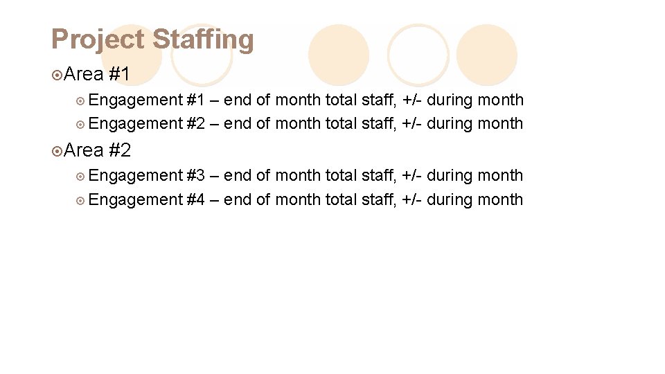 Project Staffing ¤Area #1 ¤ Engagement #1 – end of month total staff, +/-