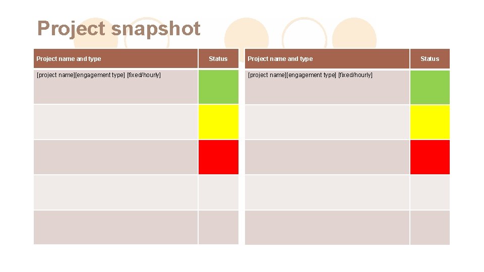 Project snapshot Project name and type [project name][engagement type] [fixed/hourly] Status 