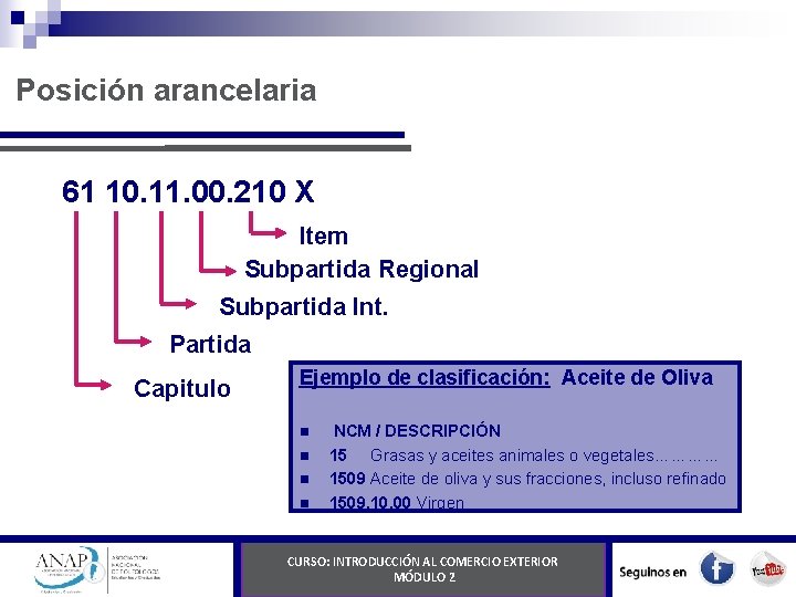 Posición arancelaria 61 10. 11. 00. 210 X Item Subpartida Regional Subpartida Int. Partida