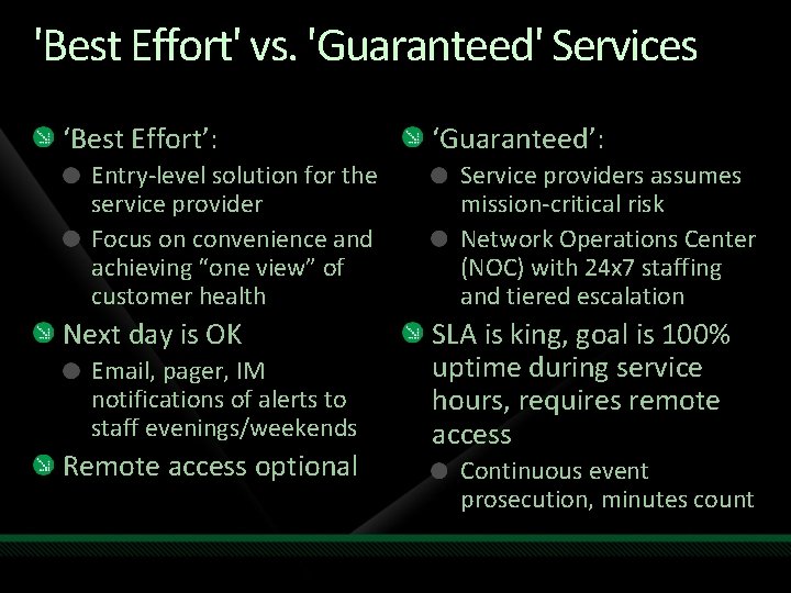 'Best Effort' vs. 'Guaranteed' Services ‘Best Effort’: Entry-level solution for the service provider Focus