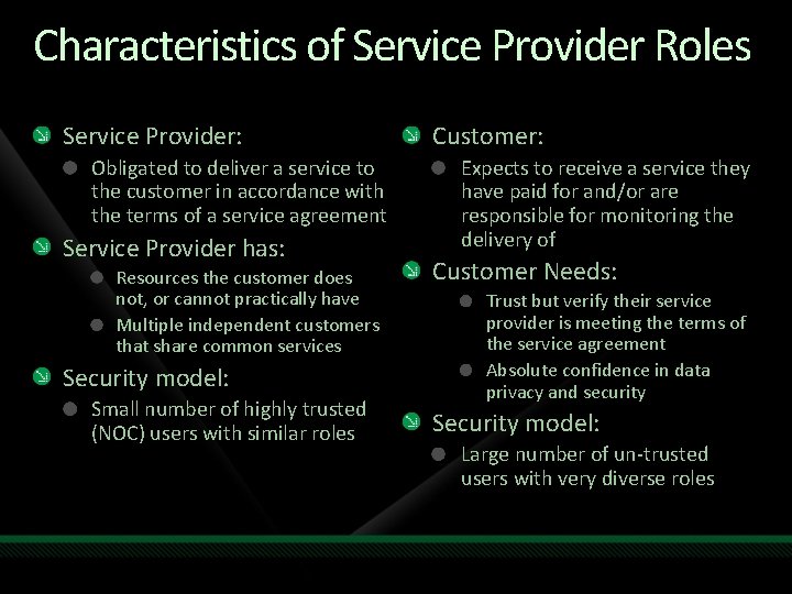 Characteristics of Service Provider Roles Service Provider: Obligated to deliver a service to the