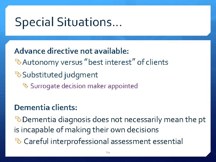 Special Situations… Advance directive not available: Autonomy versus “best interest” of clients Substituted judgment