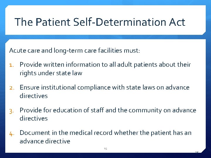 The Patient Self-Determination Act Acute care and long-term care facilities must: 1. Provide written