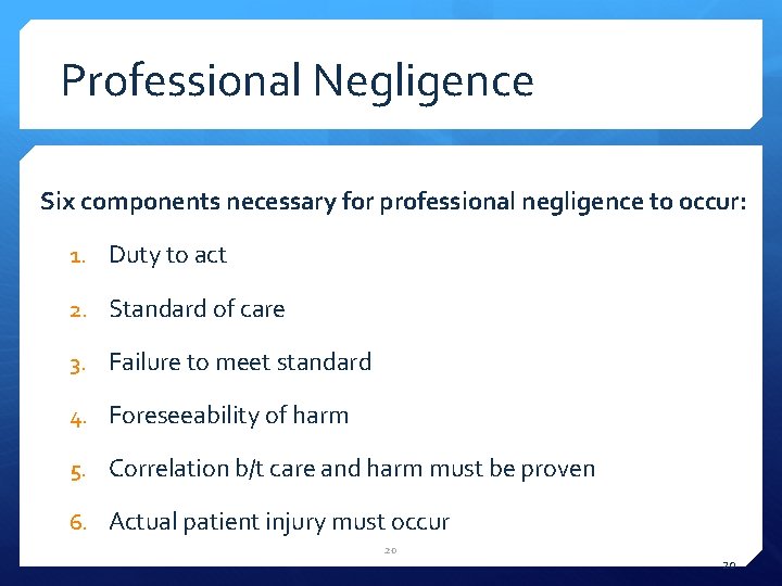 Professional Negligence Six components necessary for professional negligence to occur: 1. Duty to act