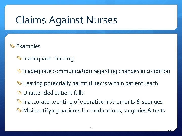 Claims Against Nurses Examples: Inadequate charting. Inadequate communication regarding changes in condition Leaving potentially