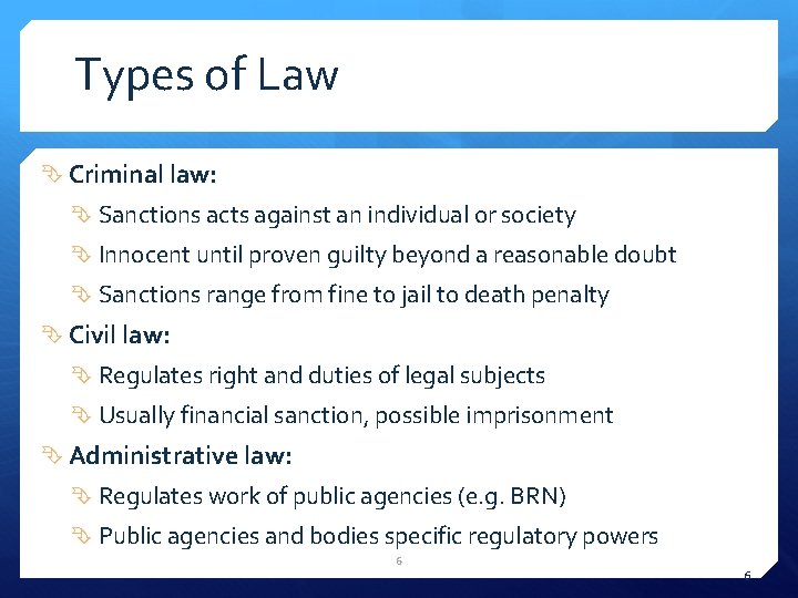 Types of Law Criminal law: Sanctions acts against an individual or society Innocent until