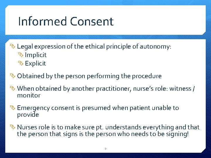 Informed Consent Legal expression of the ethical principle of autonomy: Implicit Explicit Obtained by