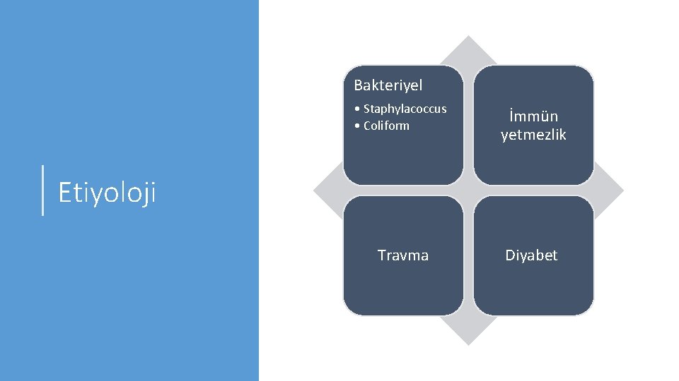 Bakteriyel • Staphylacoccus • Coliform İmmün yetmezlik Travma Diyabet Etiyoloji 