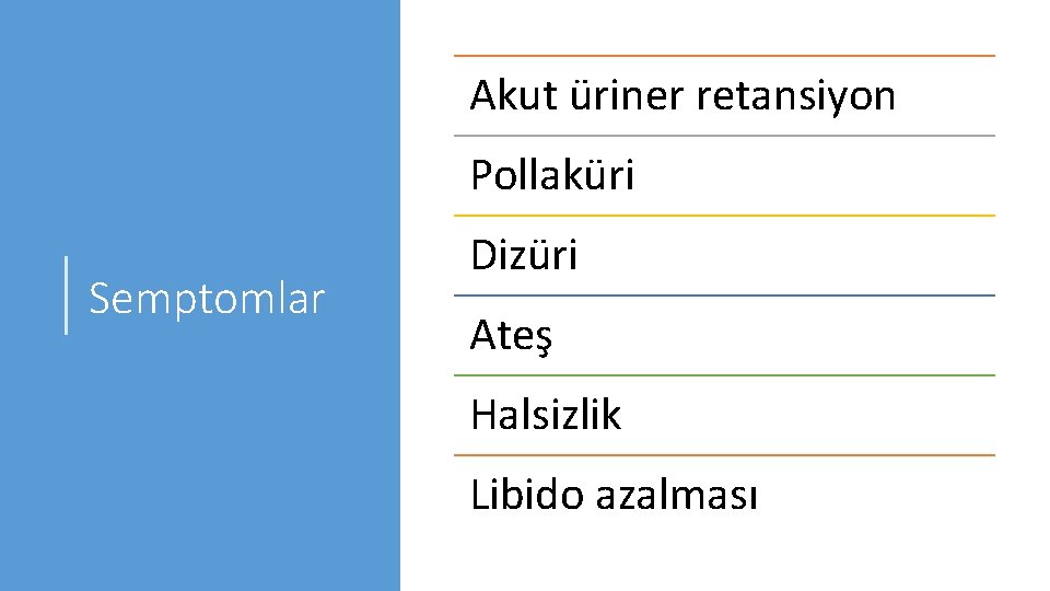 Akut üriner retansiyon Pollaküri Semptomlar Dizüri Ateş Halsizlik Libido azalması 