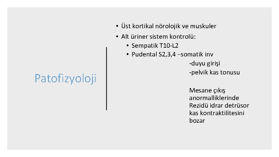 Patofizyoloji • Üst kortikal nörolojik ve muskuler • Alt üriner sistem kontrolü: • Sempatik