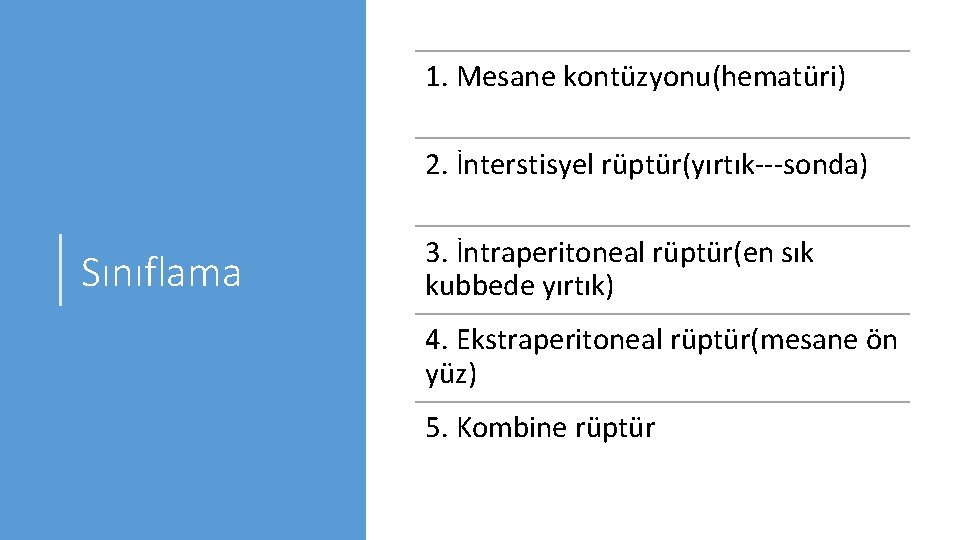 1. Mesane kontüzyonu(hematüri) 2. İnterstisyel rüptür(yırtık---sonda) Sınıflama 3. İntraperitoneal rüptür(en sık kubbede yırtık) 4.