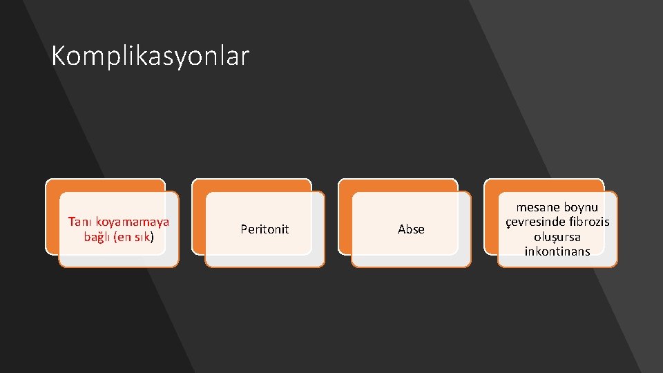 Komplikasyonlar Tanı koyamamaya bağlı (en sık) Peritonit Abse mesane boynu çevresinde fibrozis oluşursa inkontinans