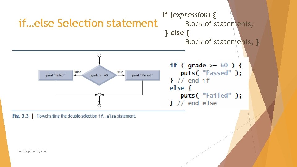 if…else Selection statement Nouf Aljaffan (C) 2018 if (expression) { Block of statements; }