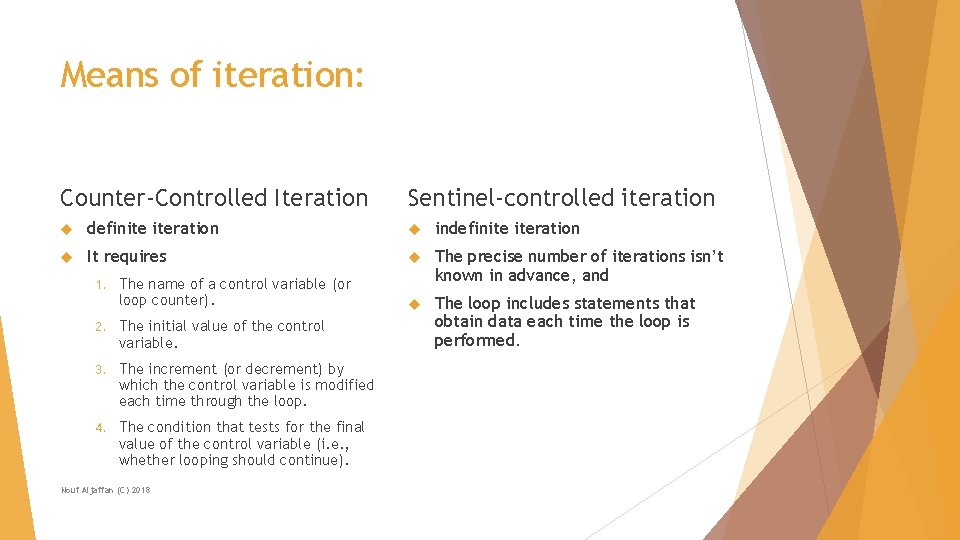 Means of iteration: Counter-Controlled Iteration Sentinel-controlled iteration definite iteration indefinite iteration It requires The