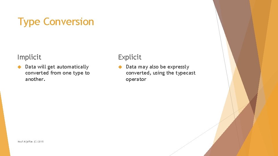 Type Conversion Implicit Data will get automatically converted from one type to another. Nouf