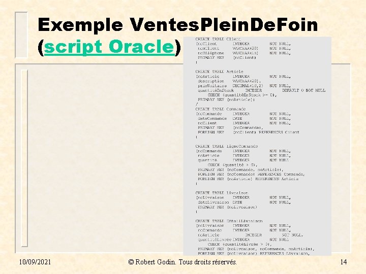 Exemple Ventes. Plein. De. Foin (script Oracle) 10/09/2021 © Robert Godin. Tous droits réservés.