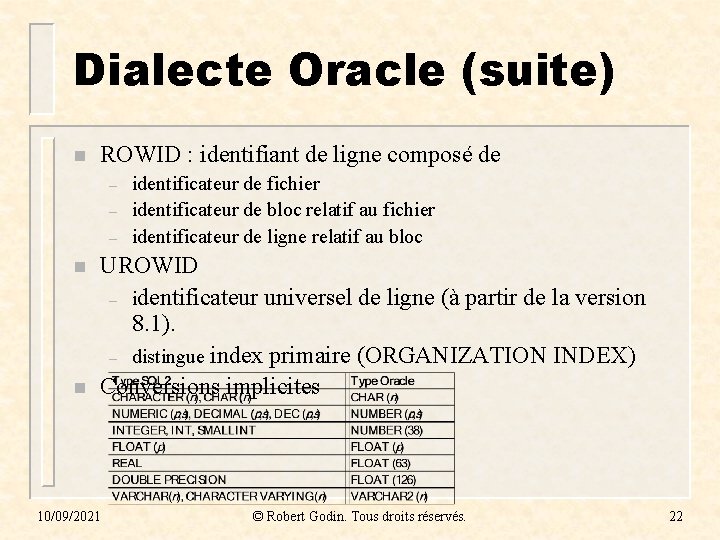 Dialecte Oracle (suite) n ROWID : identifiant de ligne composé de – – –