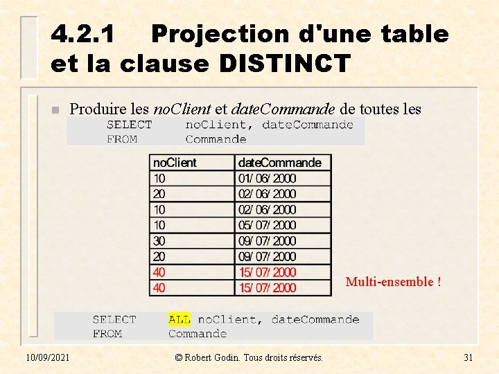 4. 2. 1 Projection d'une table et la clause DISTINCT n Produire les no.