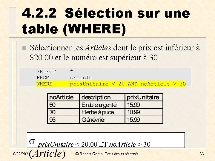 4. 2. 2 Sélection sur une table (WHERE) n Sélectionner les Articles dont le