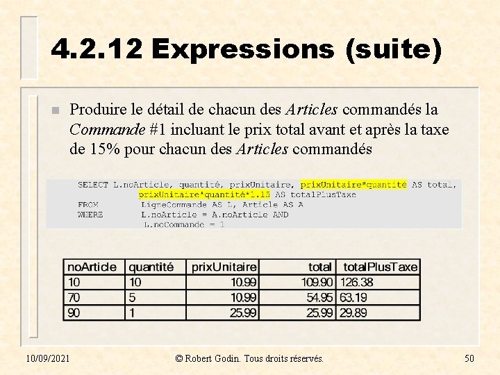 4. 2. 12 Expressions (suite) n Produire le détail de chacun des Articles commandés