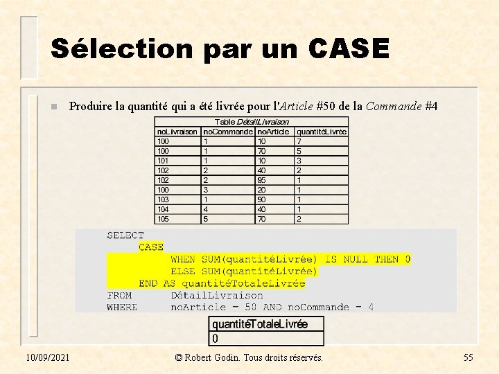 Sélection par un CASE n Produire la quantité qui a été livrée pour l'Article