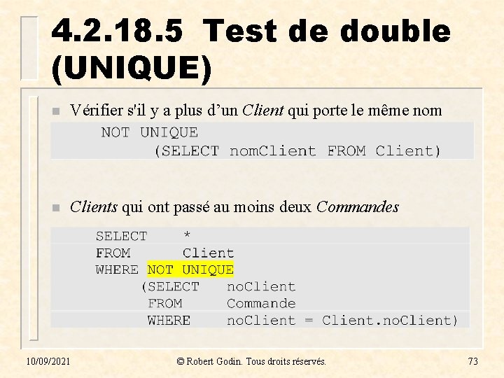 4. 2. 18. 5 Test de double (UNIQUE) n Vérifier s'il y a plus