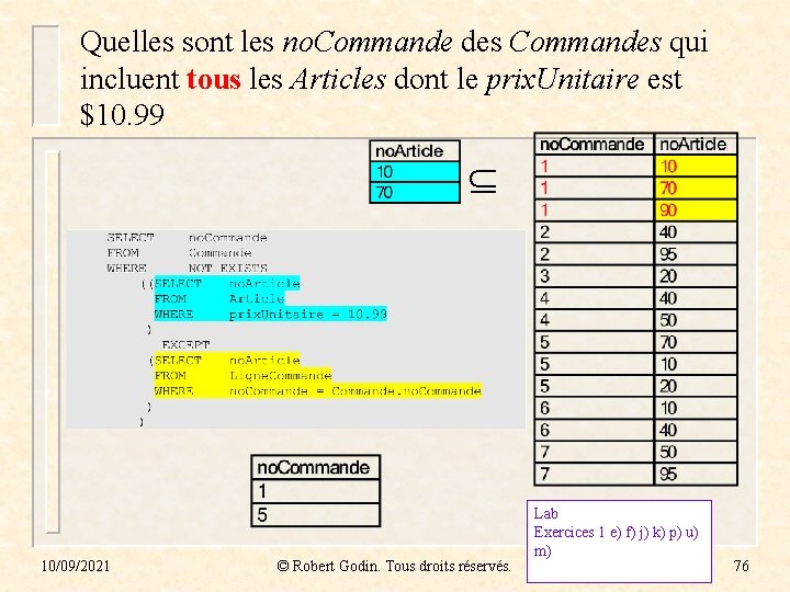 Quelles sont les no. Commande des Commandes qui incluent tous les Articles dont le