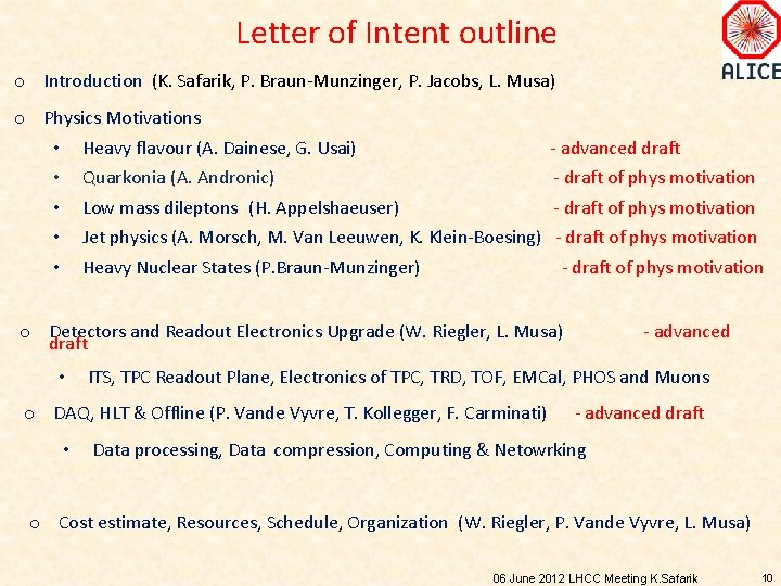 Letter of Intent outline o Introduction (K. Safarik, P. Braun-Munzinger, P. Jacobs, L. Musa)