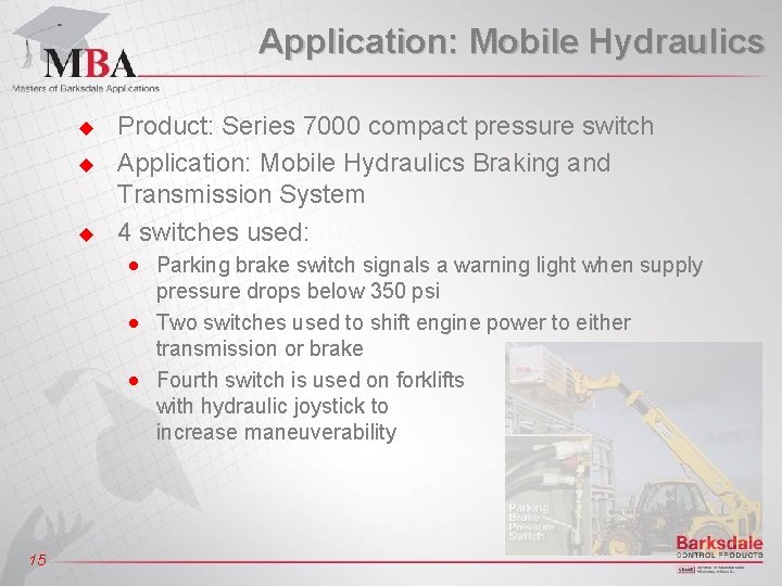 Application: Mobile Hydraulics u u u Product: Series 7000 compact pressure switch Application: Mobile