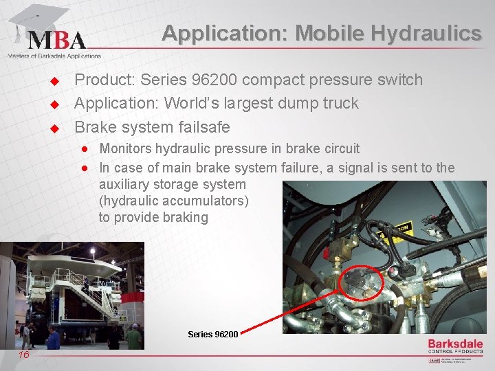 Application: Mobile Hydraulics u u u Product: Series 96200 compact pressure switch Application: World’s