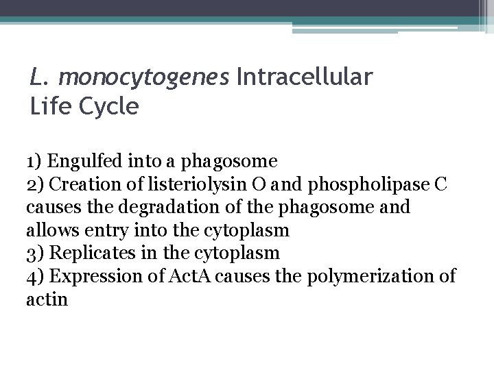 L. monocytogenes Intracellular Life Cycle 1) Engulfed into a phagosome 2) Creation of listeriolysin