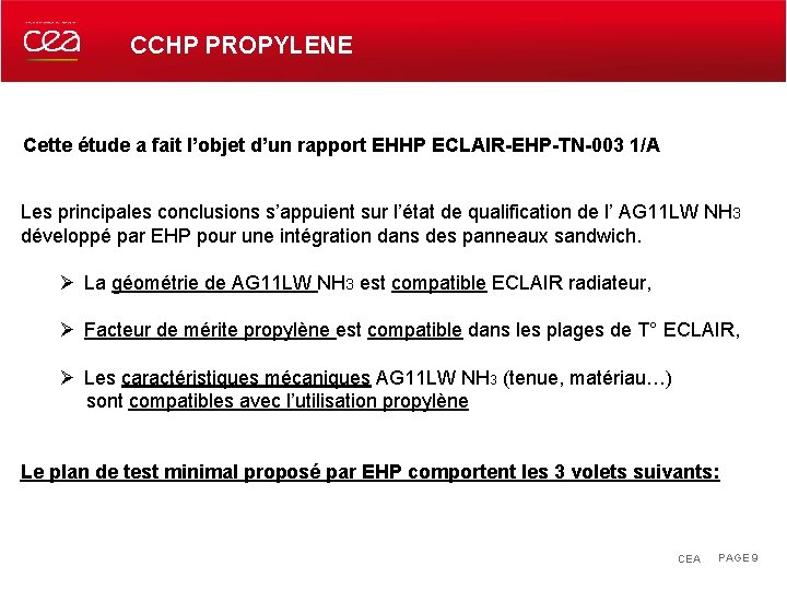 CCHP PROPYLENE Cette étude a fait l’objet d’un rapport EHHP ECLAIR-EHP-TN-003 1/A Les principales
