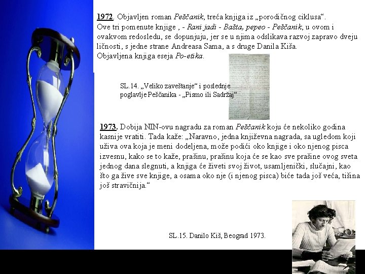 1972. Objavljen roman Peščanik, treća knjiga iz „porodičnog ciklusa“. Ove tri pomenute knjige ,