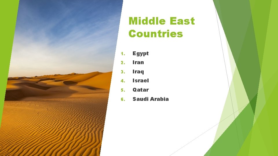 Middle East Countries 1. Egypt 2. Iran 3. Iraq 4. Israel 5. Qatar 6.