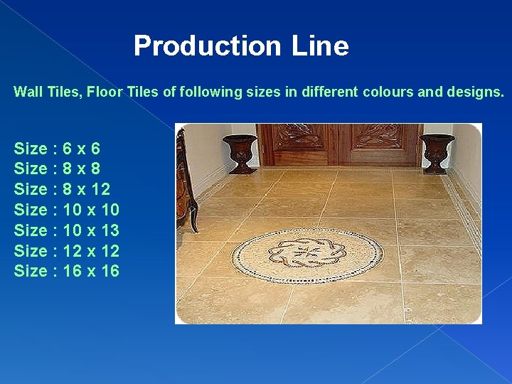 Production Line Wall Tiles, Floor Tiles of following sizes in different colours and designs.